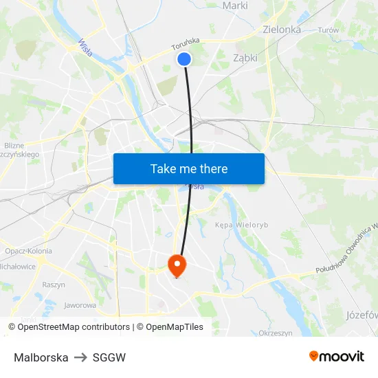 Malborska to SGGW map