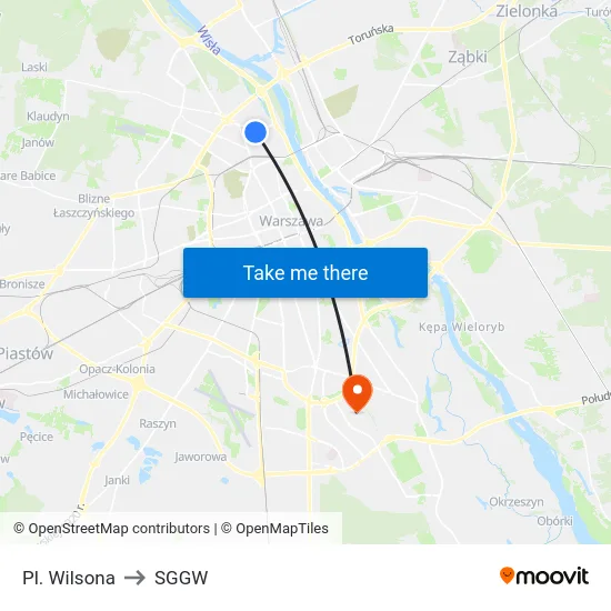 Pl. Wilsona to SGGW map