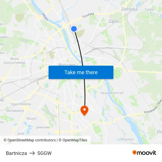 Bartnicza to SGGW map