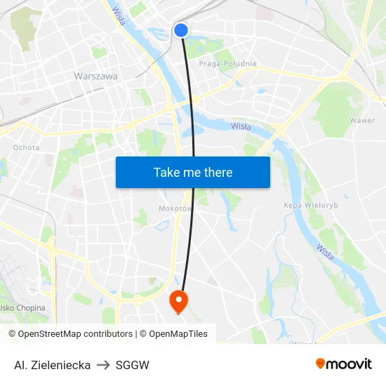 Al. Zieleniecka to SGGW map