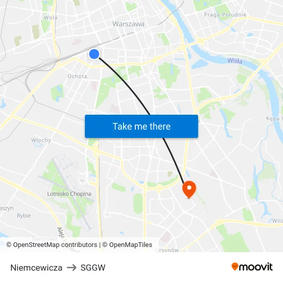 Niemcewicza to SGGW map