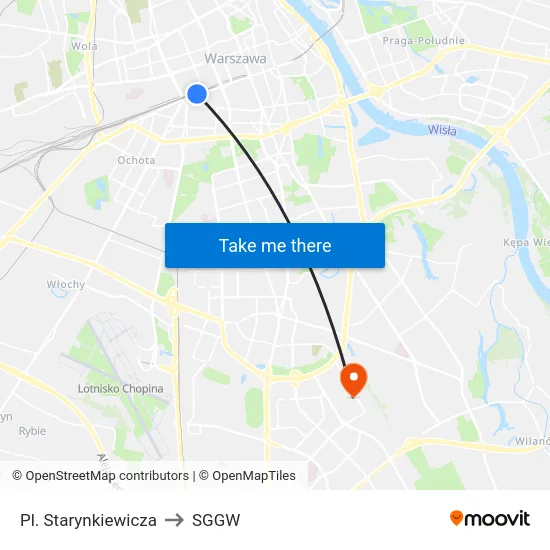 Pl. Starynkiewicza to SGGW map