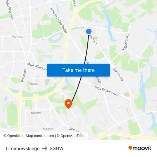 Limanowskiego to SGGW map