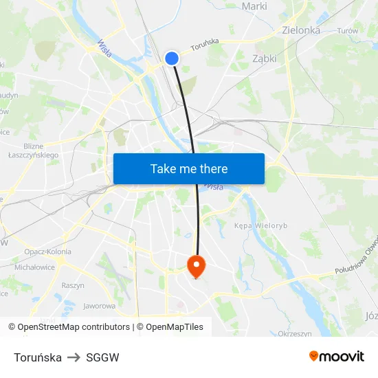 Toruńska to SGGW map