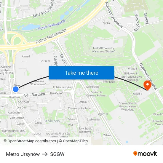 Metro Ursynów to SGGW map