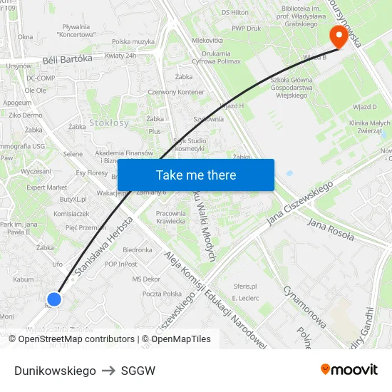 Dunikowskiego to SGGW map