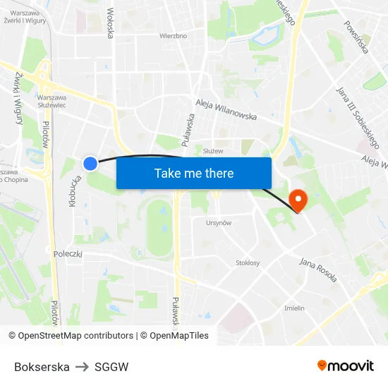 Bokserska to SGGW map