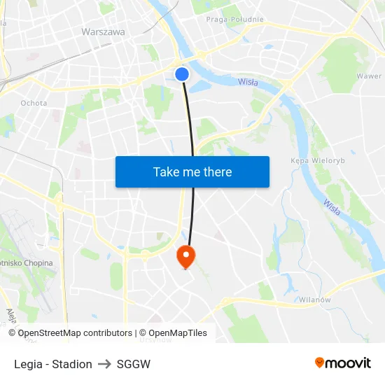 Legia - Stadion to SGGW map