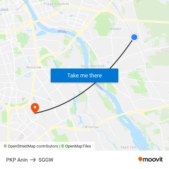 PKP Anin to SGGW map