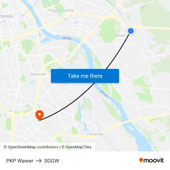 PKP Wawer to SGGW map