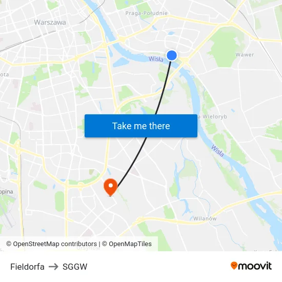 Fieldorfa to SGGW map