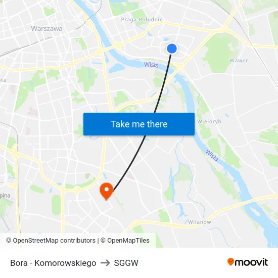 Bora - Komorowskiego to SGGW map
