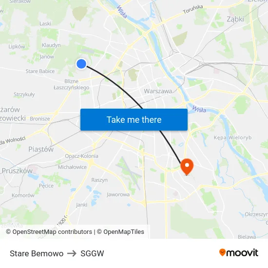 Stare Bemowo to SGGW map