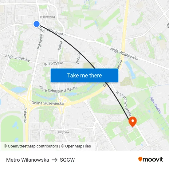 Metro Wilanowska to SGGW map