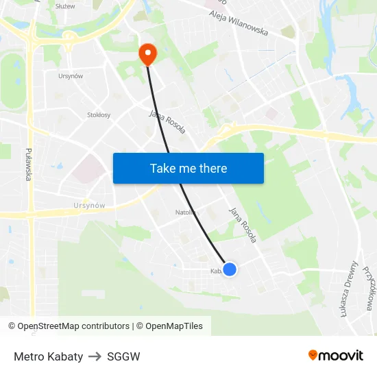 Metro Kabaty to SGGW map