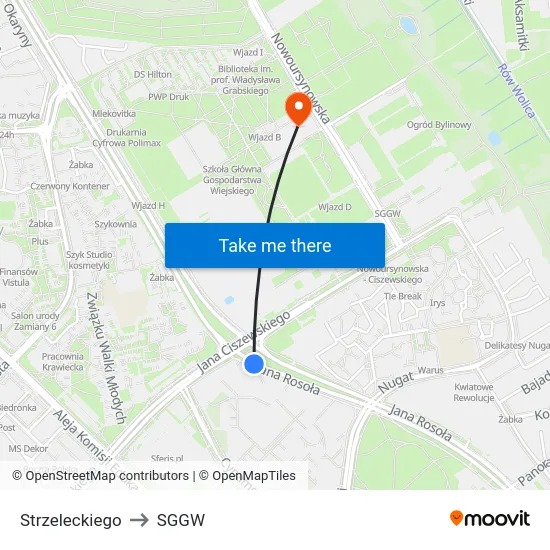 Strzeleckiego to SGGW map