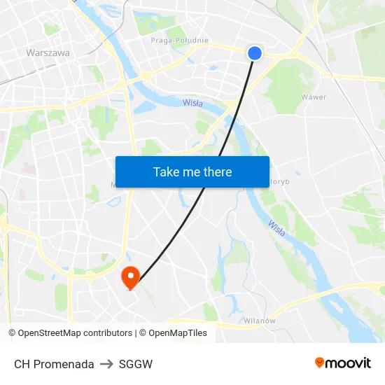 CH Promenada to SGGW map