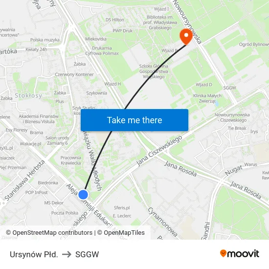 Ursynów Płd. to SGGW map