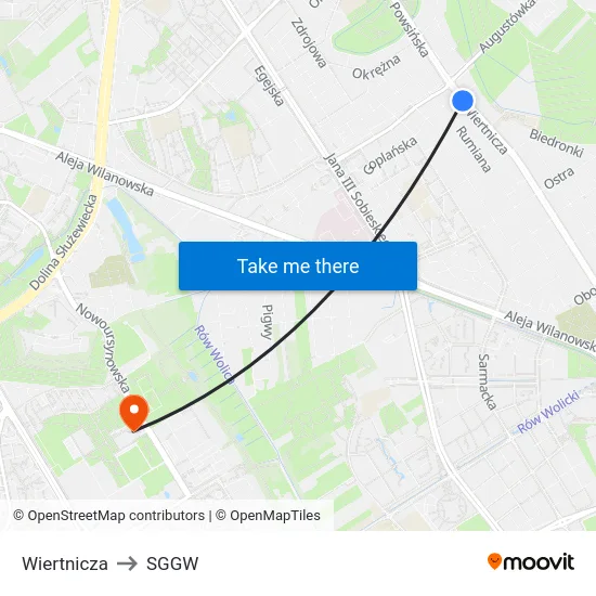Wiertnicza to SGGW map