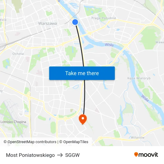 Most Poniatowskiego to SGGW map