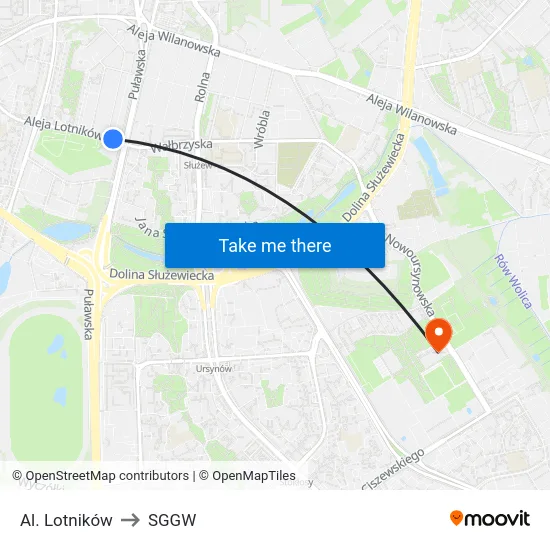Al. Lotników to SGGW map