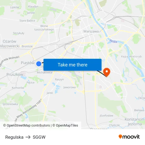 Regulska to SGGW map