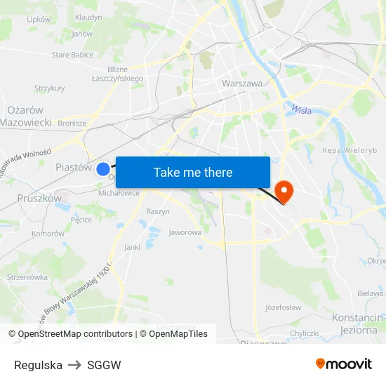 Regulska to SGGW map