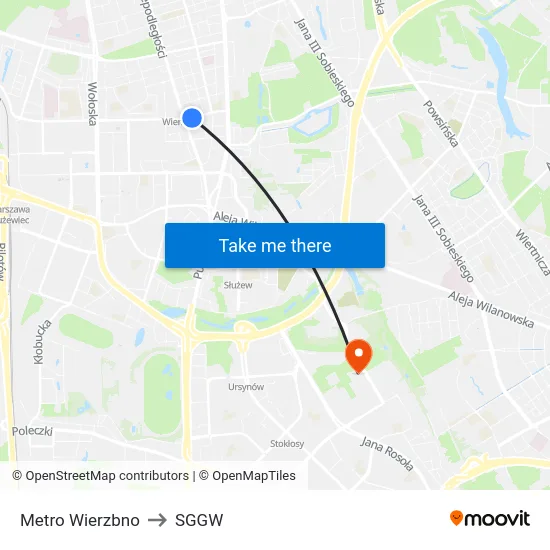 Metro Wierzbno to SGGW map
