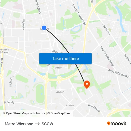 Metro Wierzbno to SGGW map