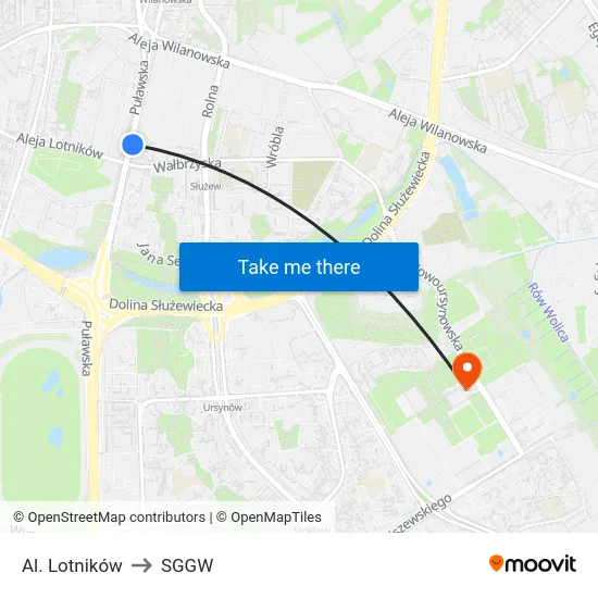 Al. Lotników to SGGW map