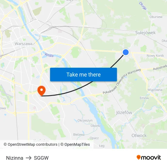 Nizinna to SGGW map