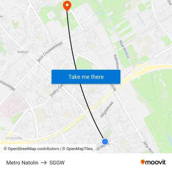Metro Natolin to SGGW map