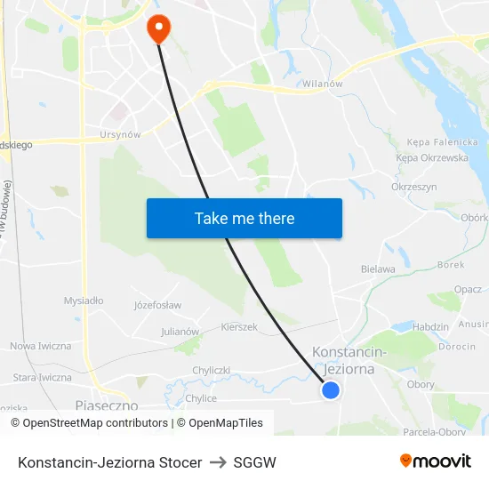 Konstancin-Jeziorna Stocer to SGGW map