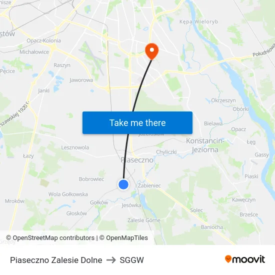 Piaseczno Zalesie Dolne to SGGW map