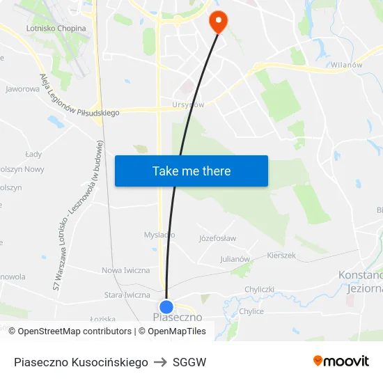Piaseczno Kusocińskiego to SGGW map