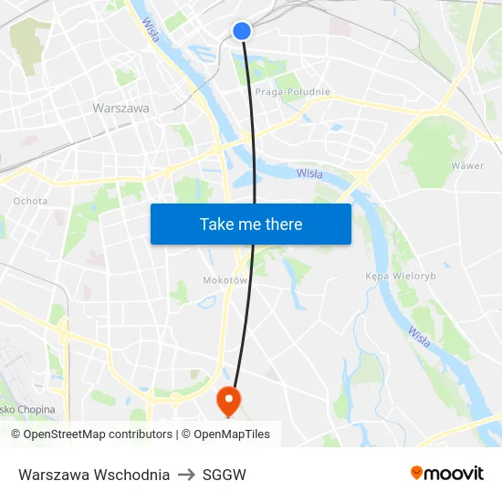 Warszawa Wschodnia to SGGW map