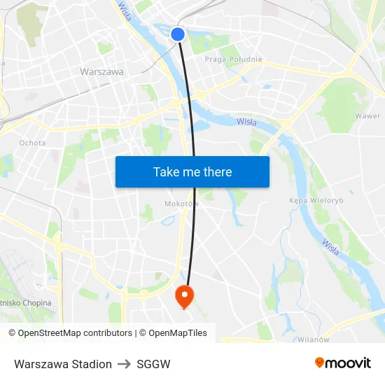 Warszawa Stadion to SGGW map