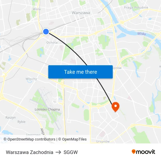 Warszawa Zachodnia to SGGW map