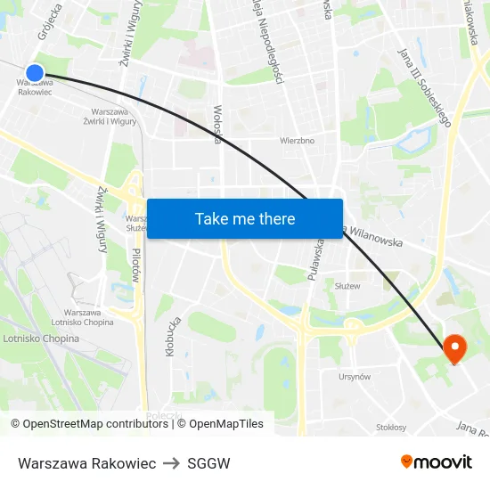 Warszawa Rakowiec to SGGW map