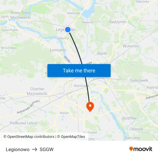 Legionowo to SGGW map
