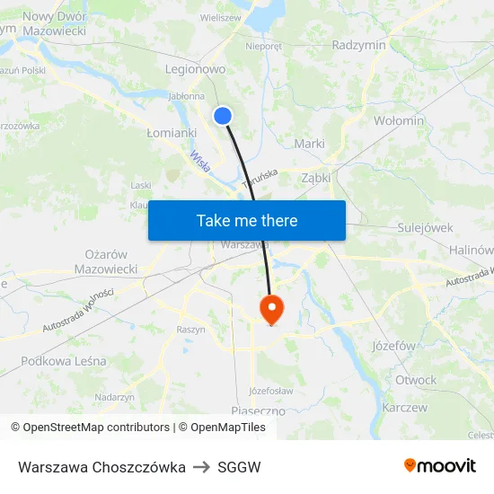 Warszawa Choszczówka to SGGW map