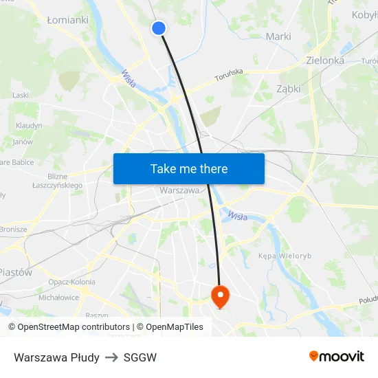 Warszawa Płudy to SGGW map