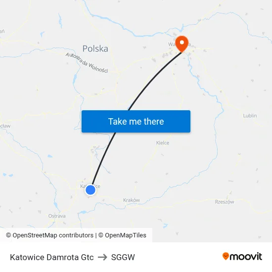Katowice Damrota Gtc to SGGW map