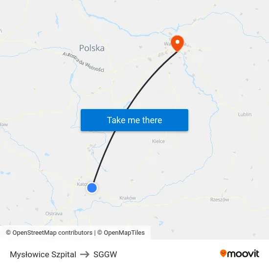Mysłowice Szpital to SGGW map