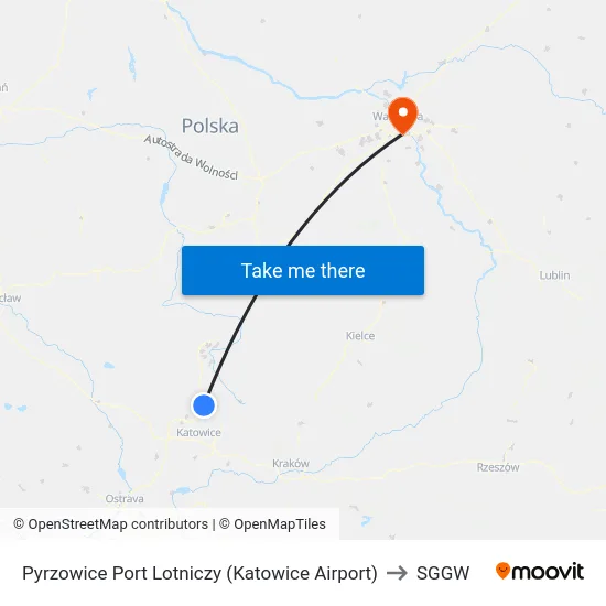 Pyrzowice Port Lotniczy (Katowice Airport) to SGGW map