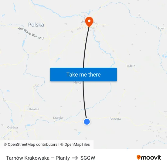 Tarnów Krakowska – Planty to SGGW map