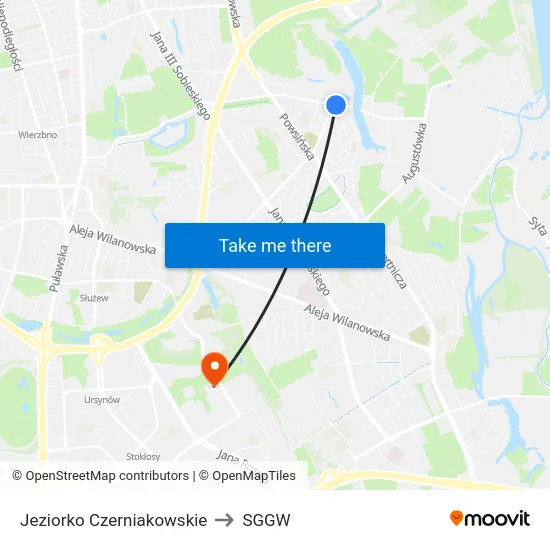 Jeziorko Czerniakowskie to SGGW map