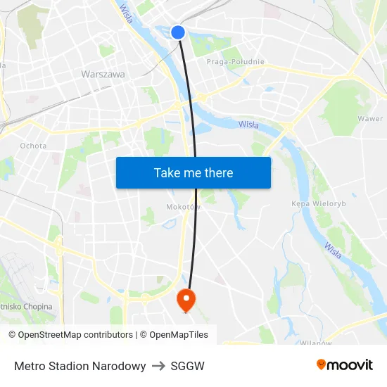 Metro Stadion Narodowy to SGGW map