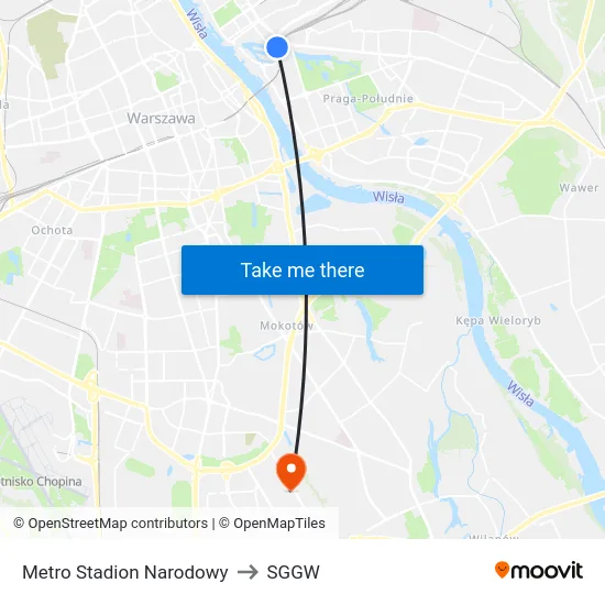 Metro Stadion Narodowy to SGGW map
