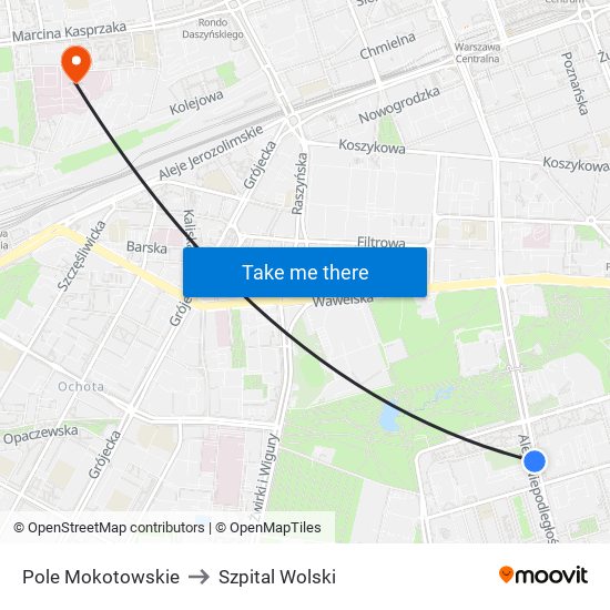 Pole Mokotowskie to Szpital Wolski map